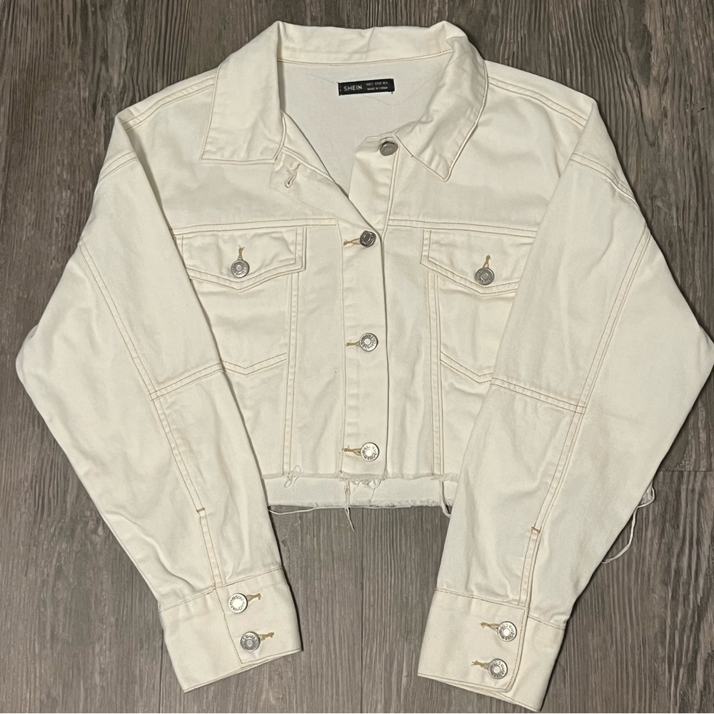 White Cropped Distressed Denim Jacket
